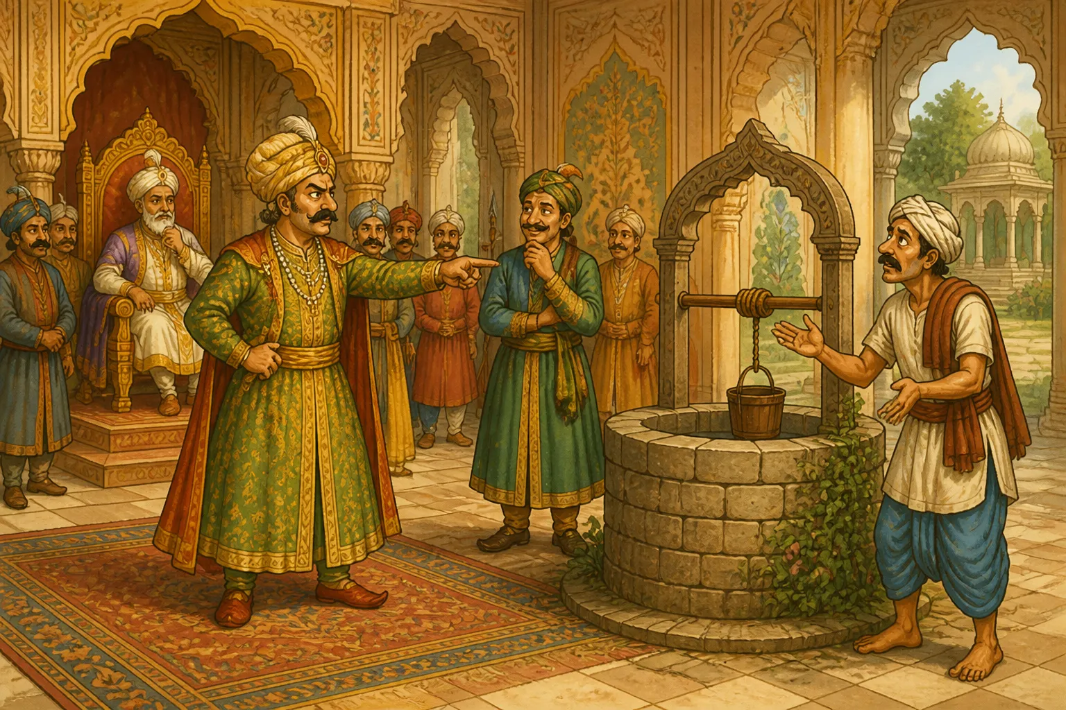 Illustration for "Akbar and Birbal Stories": “ I only sold the well, not the water! The water is mine and you cannot use it.”