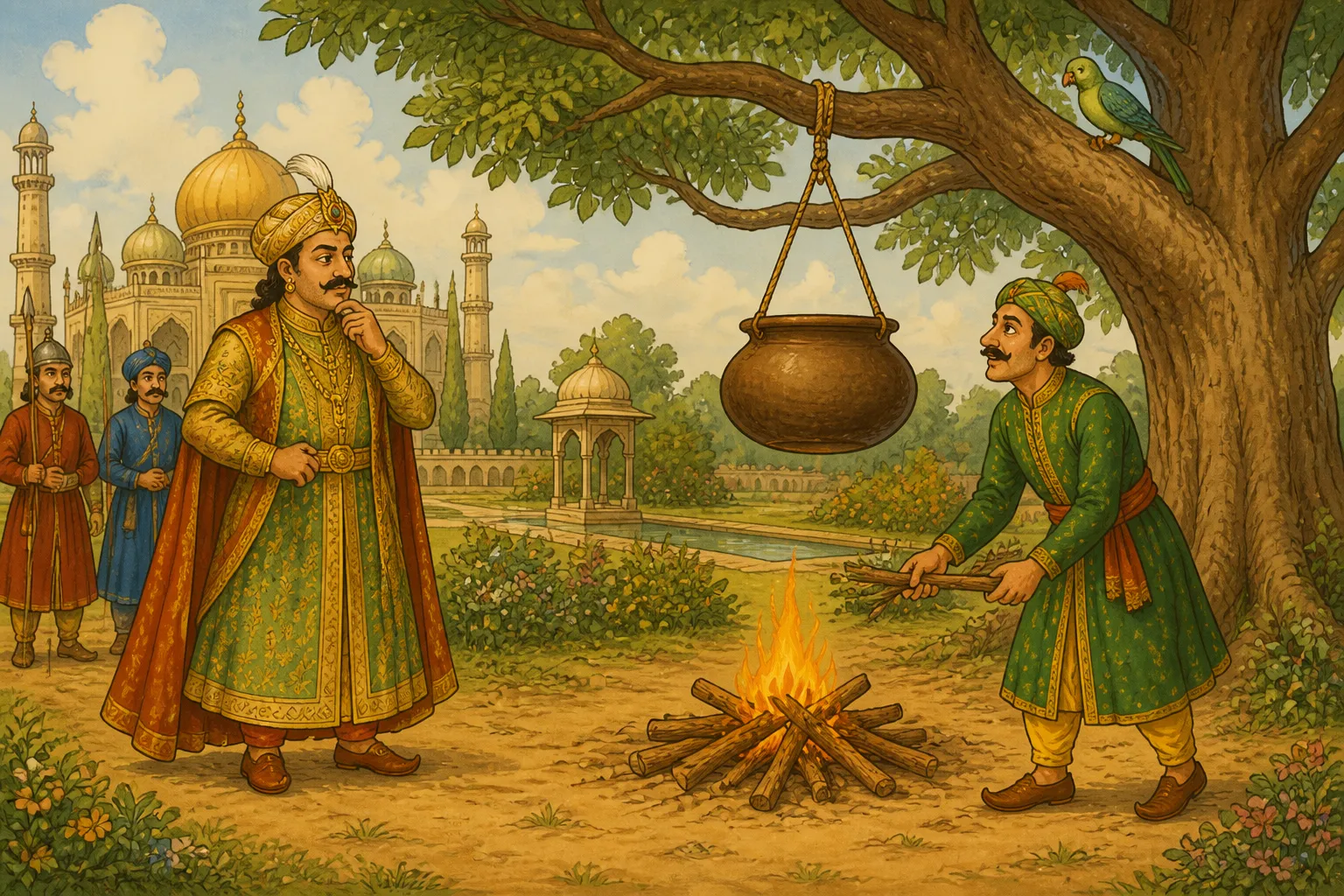 Illustration for "Akbar and Birbal Stories": “He lit the fire on the ground with some sticks but the fire was not even touching the pot.”