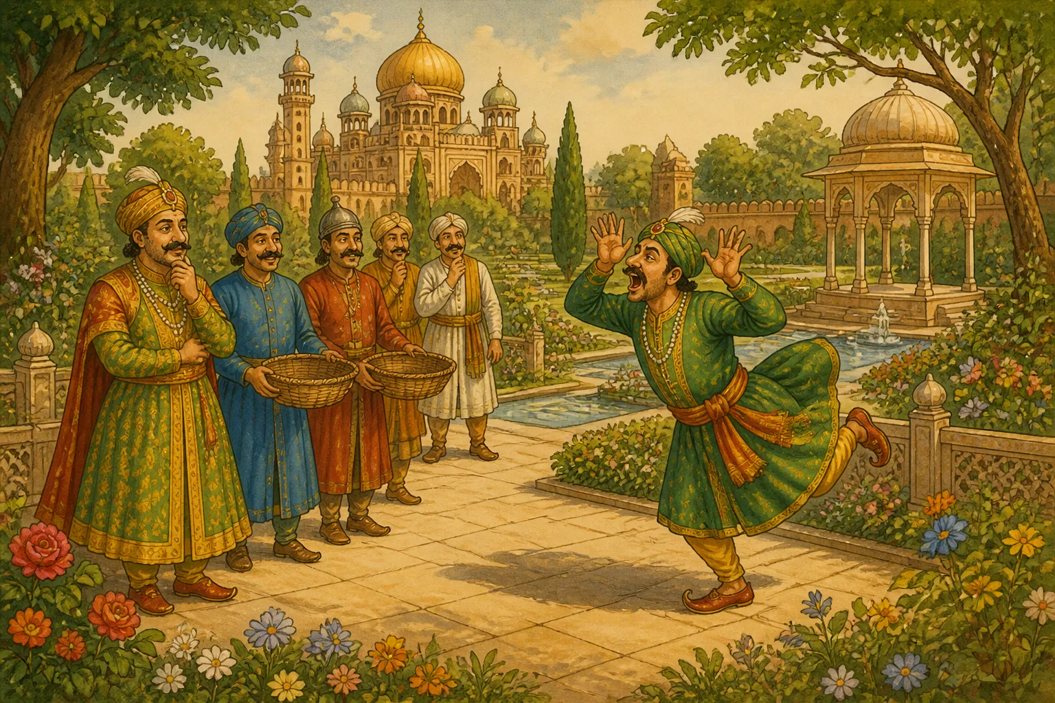 Illustration for "Akbar and Birbal Stories": “ cock-a-doodle-doo cock-a-doodle-doo!”