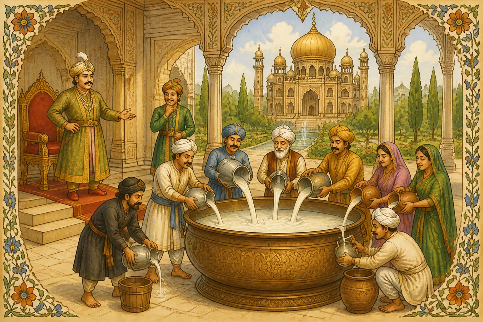 Illustration for "Akbar and Birbal Stories": “He ordered everyone to get one big glass of milk and put it in the huge vessel in the court.”