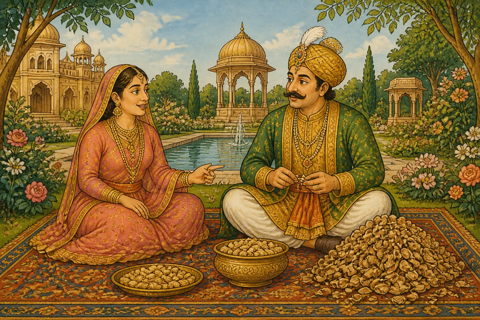 Illustration for "Akbar and Birbal Stories": “See, your King has eaten many. Look at the pile of the peels at his side.”