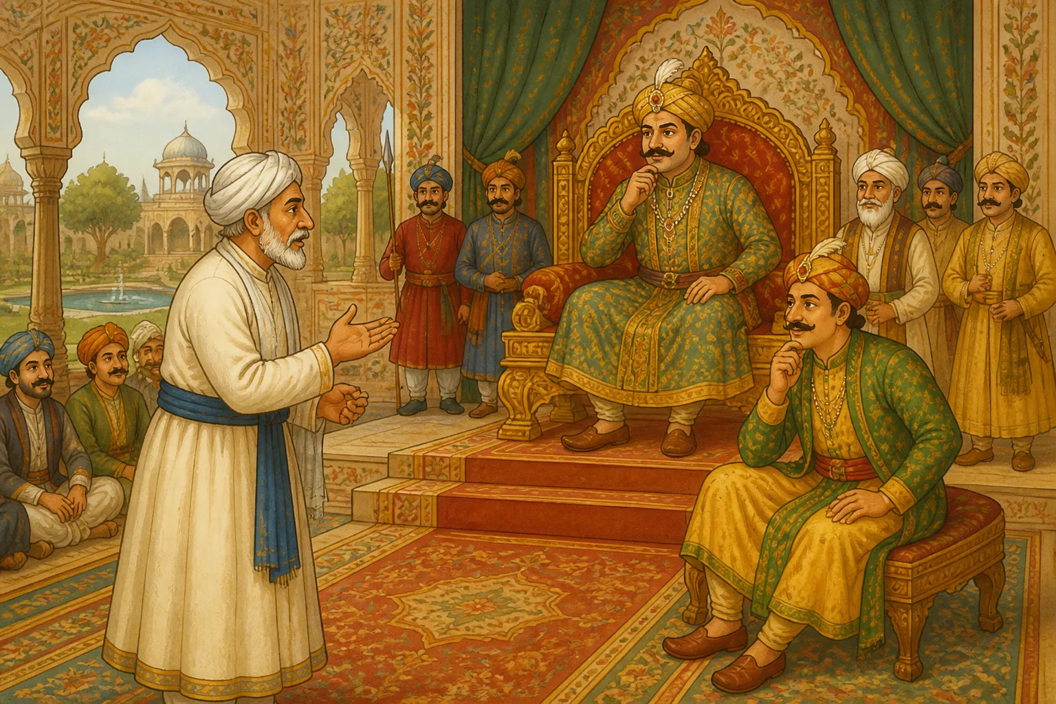 Illustration for "Akbar and Birbal Stories": “ Do you want me to ask you one tough question or 100 easy questions?”