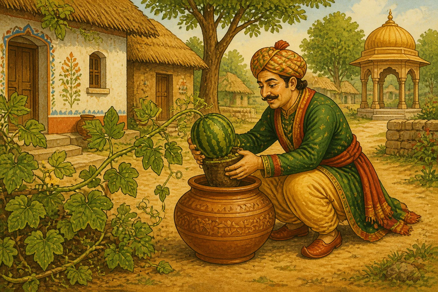 Illustration for "Akbar and Birbal Stories": “ He asked for a pot and put in it a budding watermelon without separating it from the vine.”