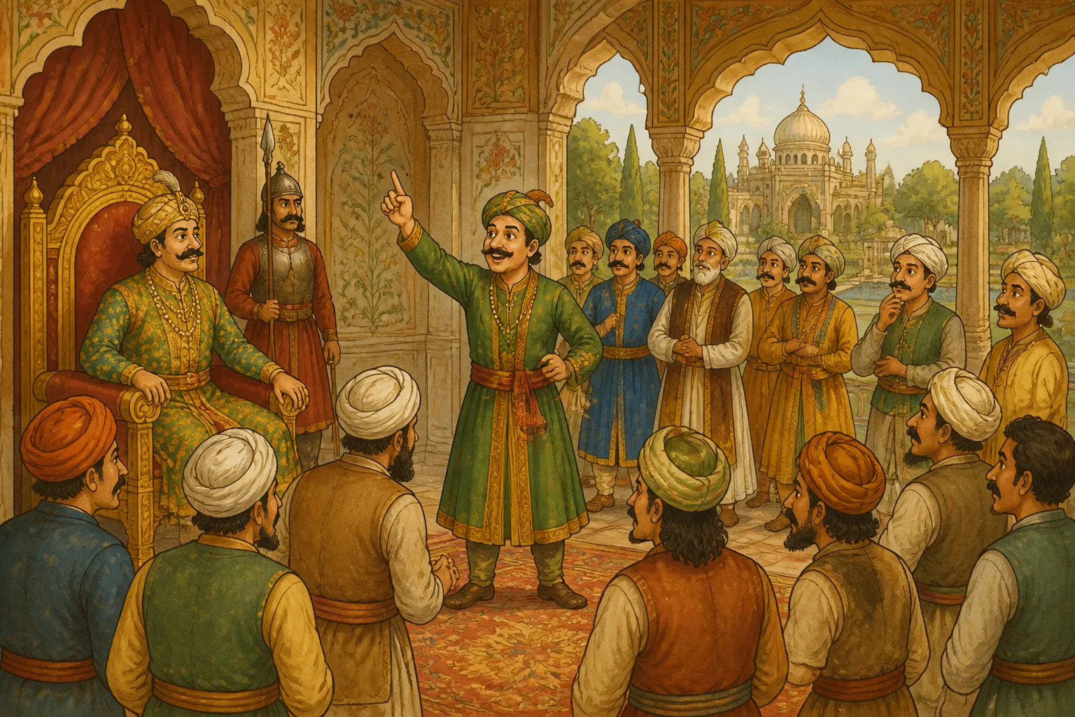 Illustration for "Akbar and Birbal Stories": “ The ring thief is among us right now.”