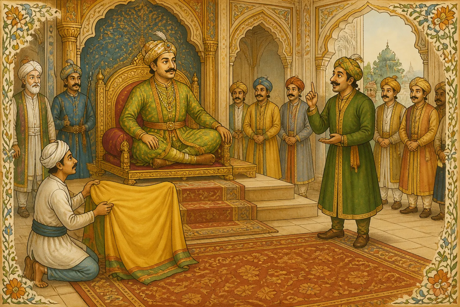 Illustration for "Akbar and Birbal Stories": “ Each one of you should come and try to cover me fully in this cloth.”