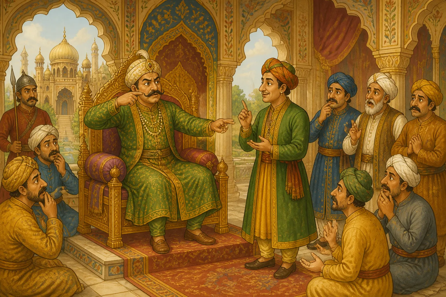 Illustration for "Akbar and Birbal Stories": “ Someone played with my moustache yesterday and plucked a hair from it.”