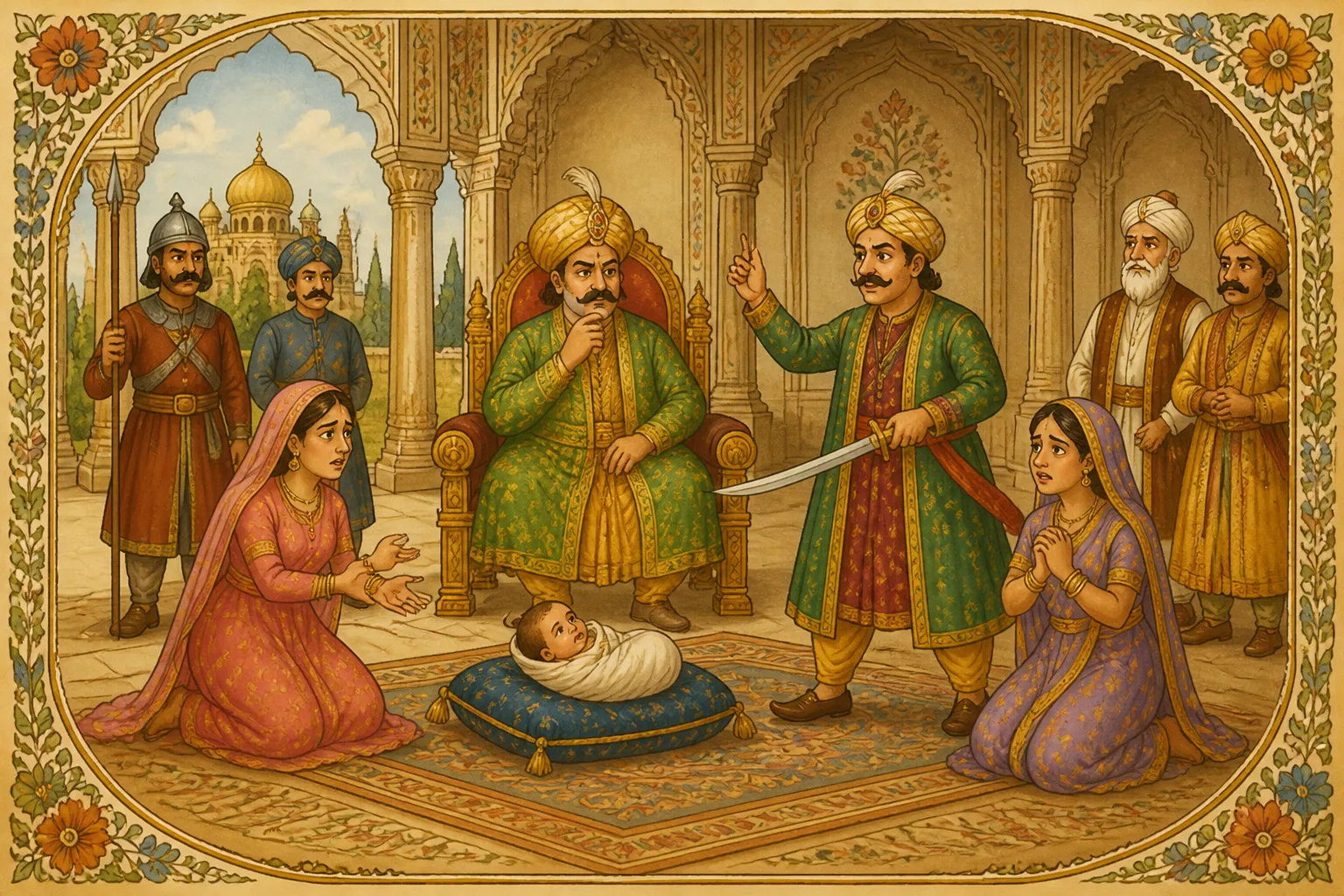 Illustration for "Akbar and Birbal Stories": “ Let me cut the baby into half and distribute to you both equally.”
