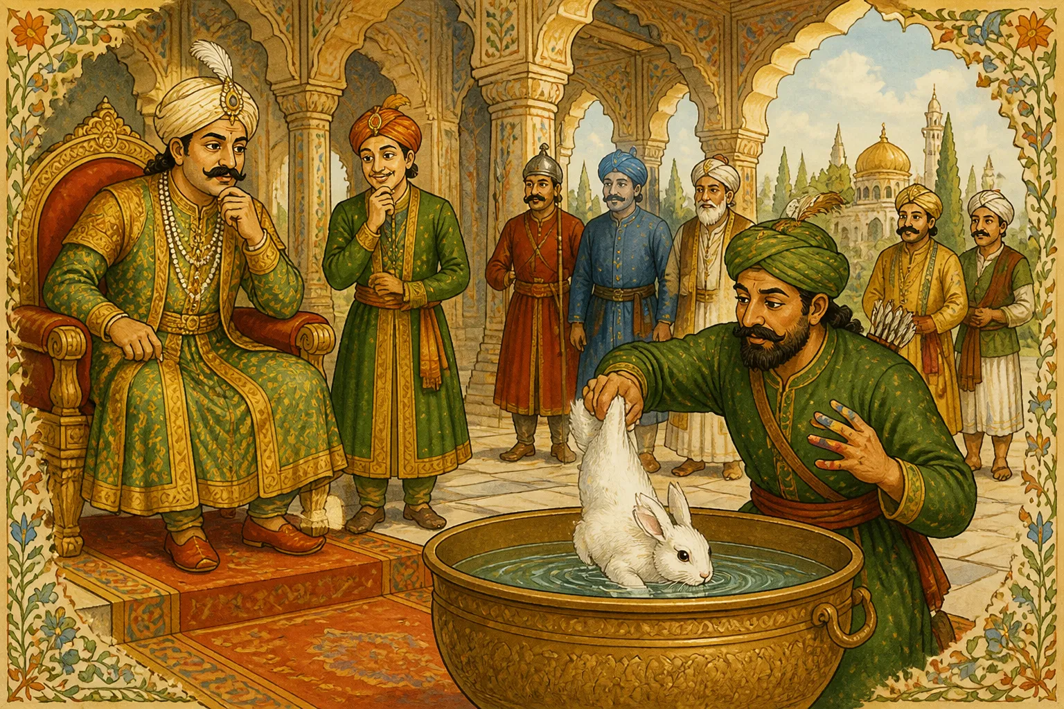 Illustration for "Akbar and Birbal Stories": “ He dipped the rabbit in the tub. Viola! All the colors it had gone!”