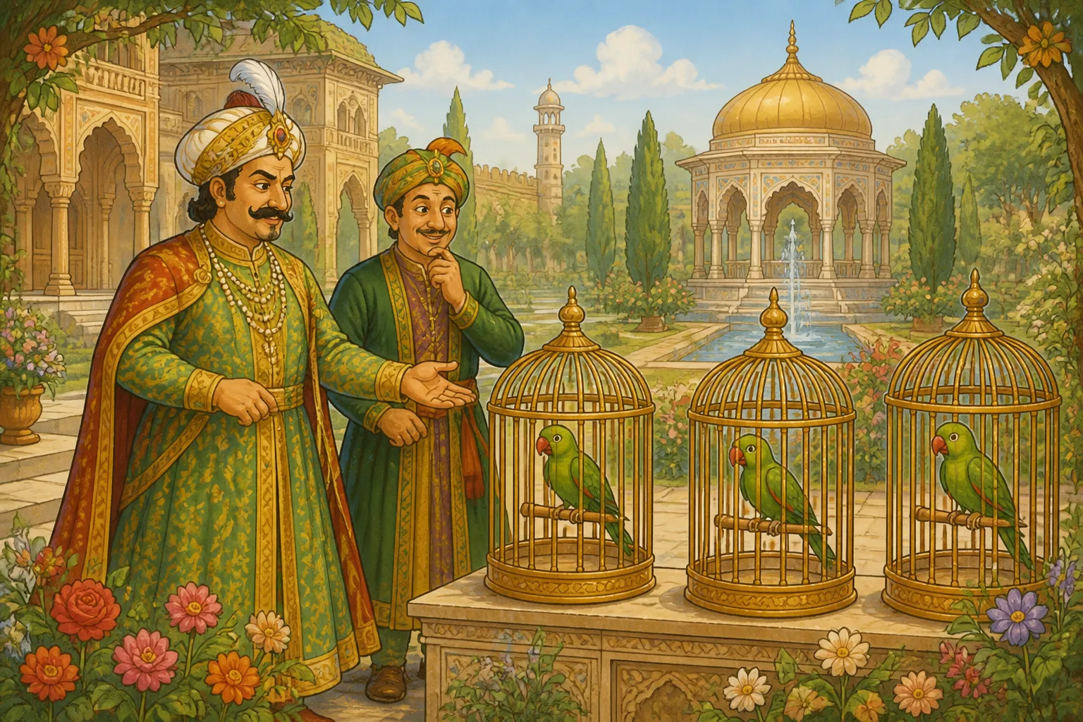 Illustration for "Akbar and Birbal Stories": “ Look at my birds in the garden happily in their golden cages.”