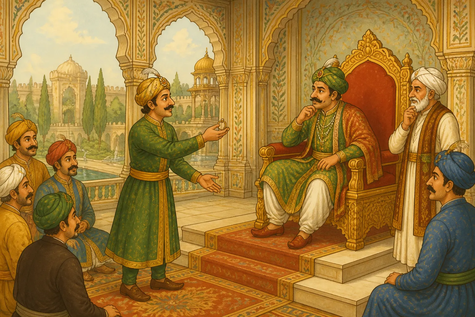 Illustration for "Akbar and Birbal Stories": “ Then Birbal came with the ring and said, “Jahapanah, it is me who came as a thief and robbed you.”