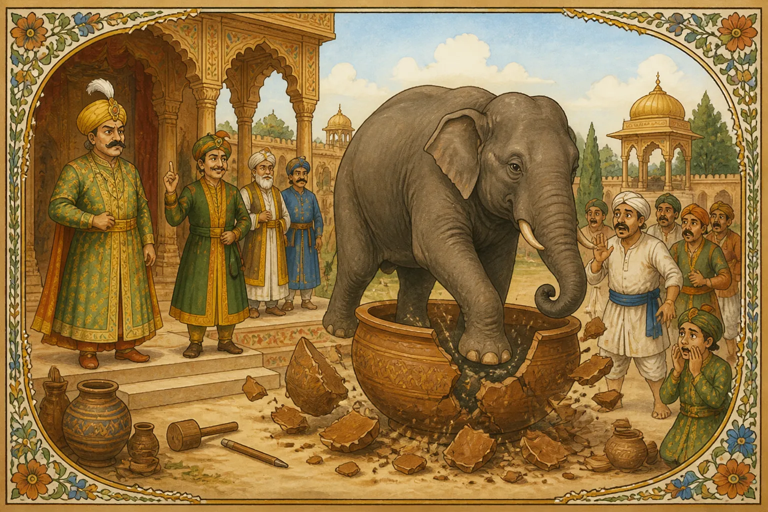 Illustration for "Akbar and Birbal Stories": “ But as soon as the elephant stepped in it, it broke!”