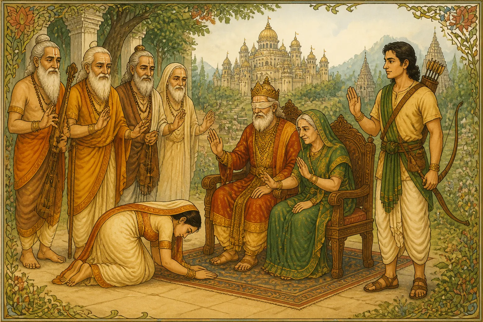 Illustration for "Legend of Savitri and Satyavan": "Then she bowed to all the Brahmans of the king's household, and to King Dyumatsena and to her mother-in-law, and they in turn blessed...