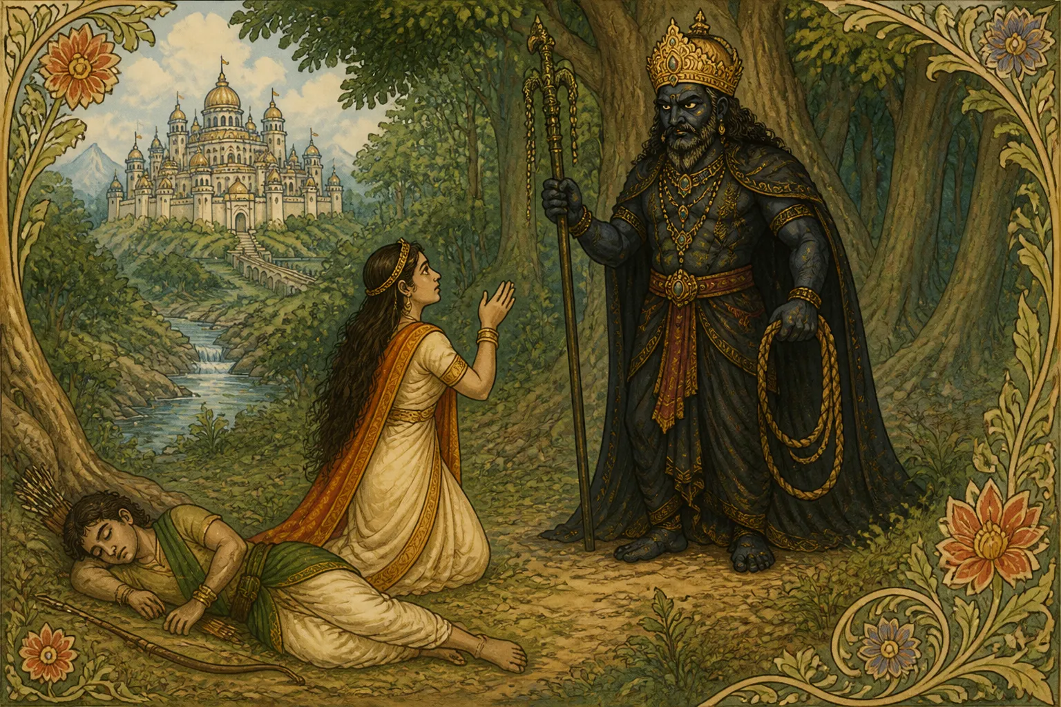 Illustration for "Legend of Savitri and Satyavan": Soon she saw by her side a giant of monstrous aspect. His face was black and yellow. His eyes were bloodshot. His clothes were red, and...