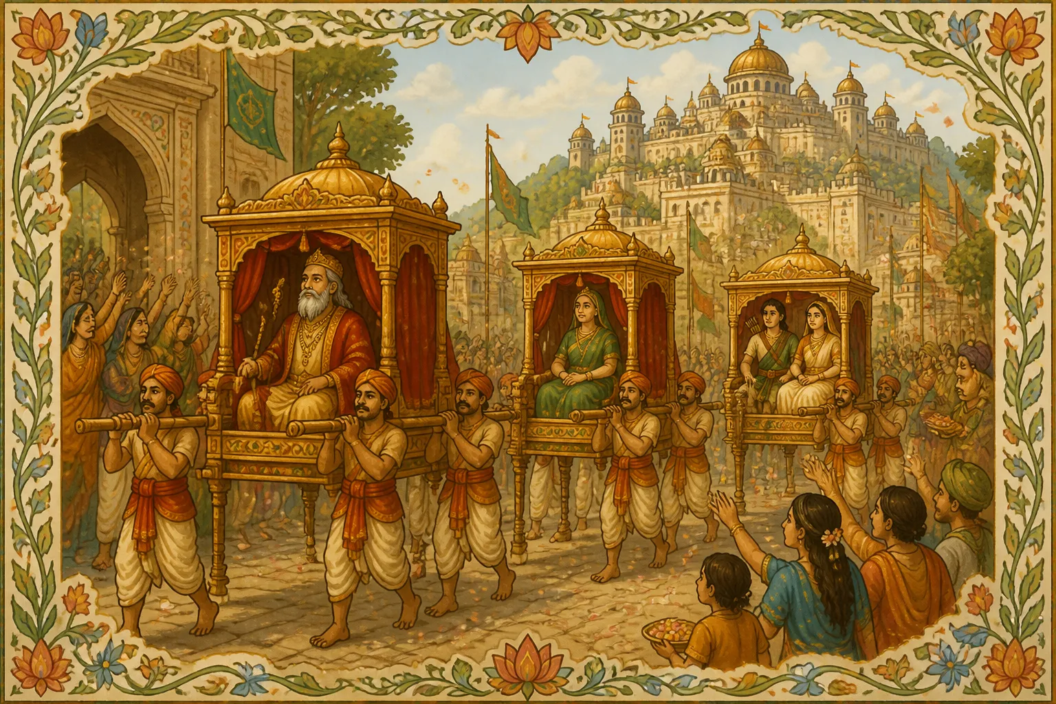Illustration for "Legend of Savitri and Satyavan": "That very day King Dyumatsena and Queen Saivya, with Prince Satyavan and Princess Savitri were borne in palanquins from the forest to...