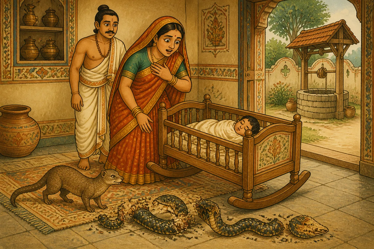 Illustration for "The Cobra and the Mongoose": She ran inside, and she was amazed to see her son safely sleeping in his cradle. She then saw the snake near the cradle that had been...