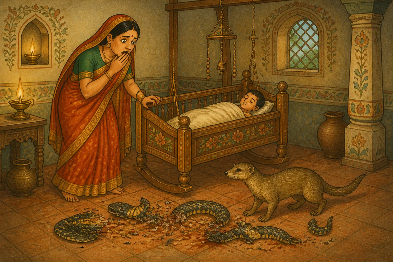 Illustration for "The Cobra and the Mongoose": She ran inside, and she was amazed to see her son safely sleeping in his cradle. She then saw the snake near the cradle that had been...