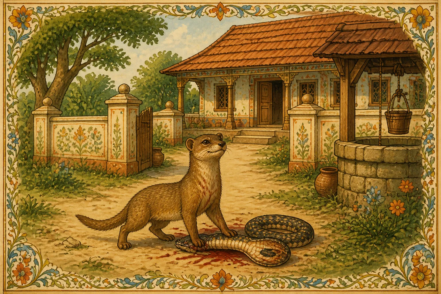 Illustration for "The Cobra and the Mongoose": The little mongoose was very proud of itself; and waited outside the house for the Brahmin's wife.