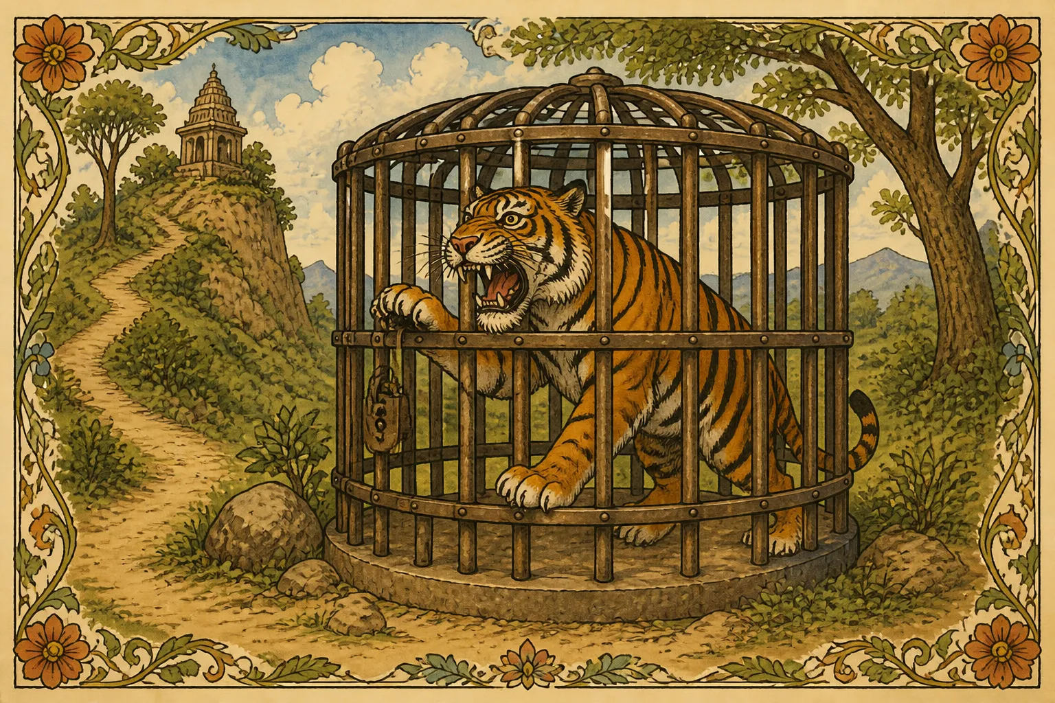 Illustration for "The Tiger and the Brahmin": a tiger was caught in a trap. He tried in vain to get out through the bars...