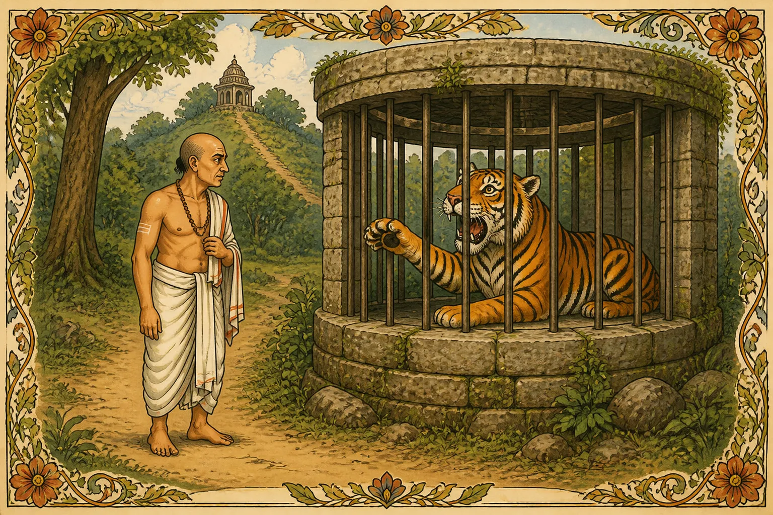 Illustration for "The Tiger and the Brahmin": By chance a poor Brahman came by. “Let me out of this cage, oh pious one!”