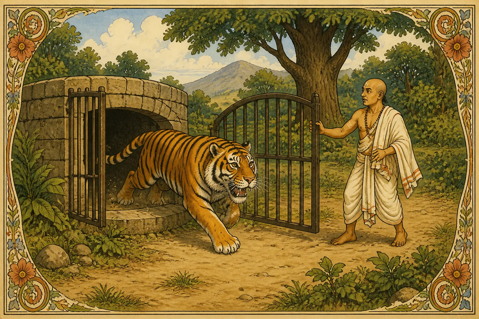 Illustration for "The Tiger and the Brahmin": at last he consented to open the door of the cage. Out popped the tiger...