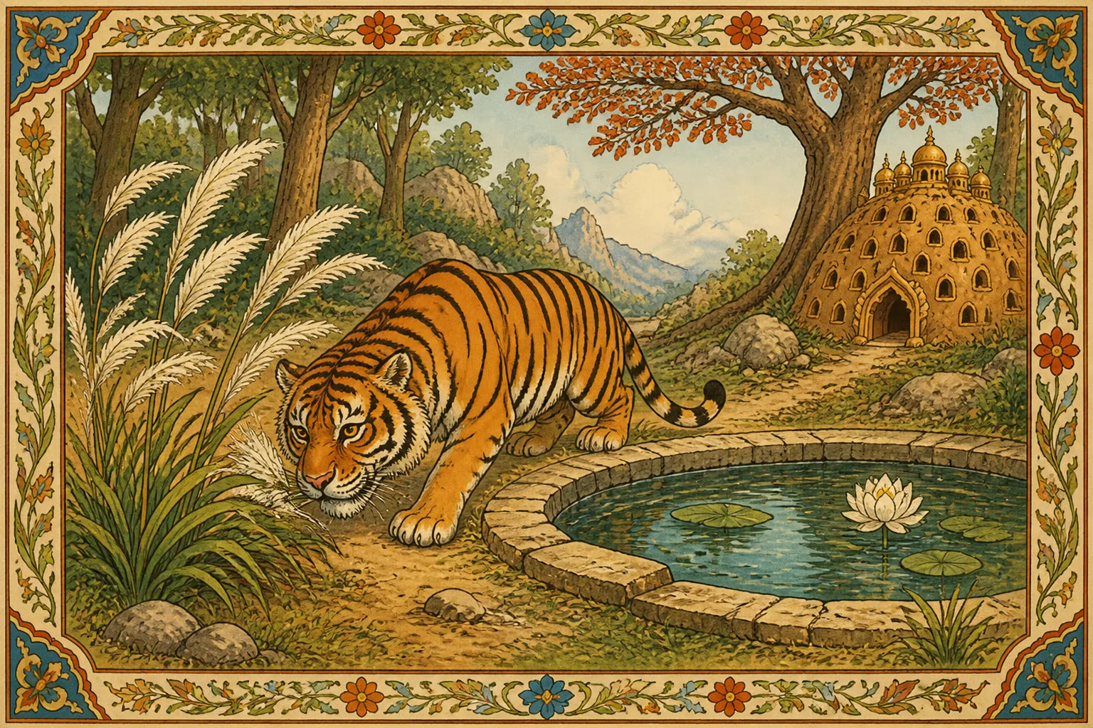 Illustration for "The Tiger and the Traveller": an old tiger sitting newly bathed on the bank of a pool, like a Brahman, and with holy kuskus-grass in his paws.