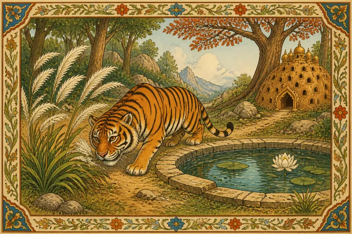 Illustration for "The Tiger and the Traveller": an old tiger sitting newly bathed on the bank of a pool, like a Brahman, and with holy kuskus-grass in his paws.