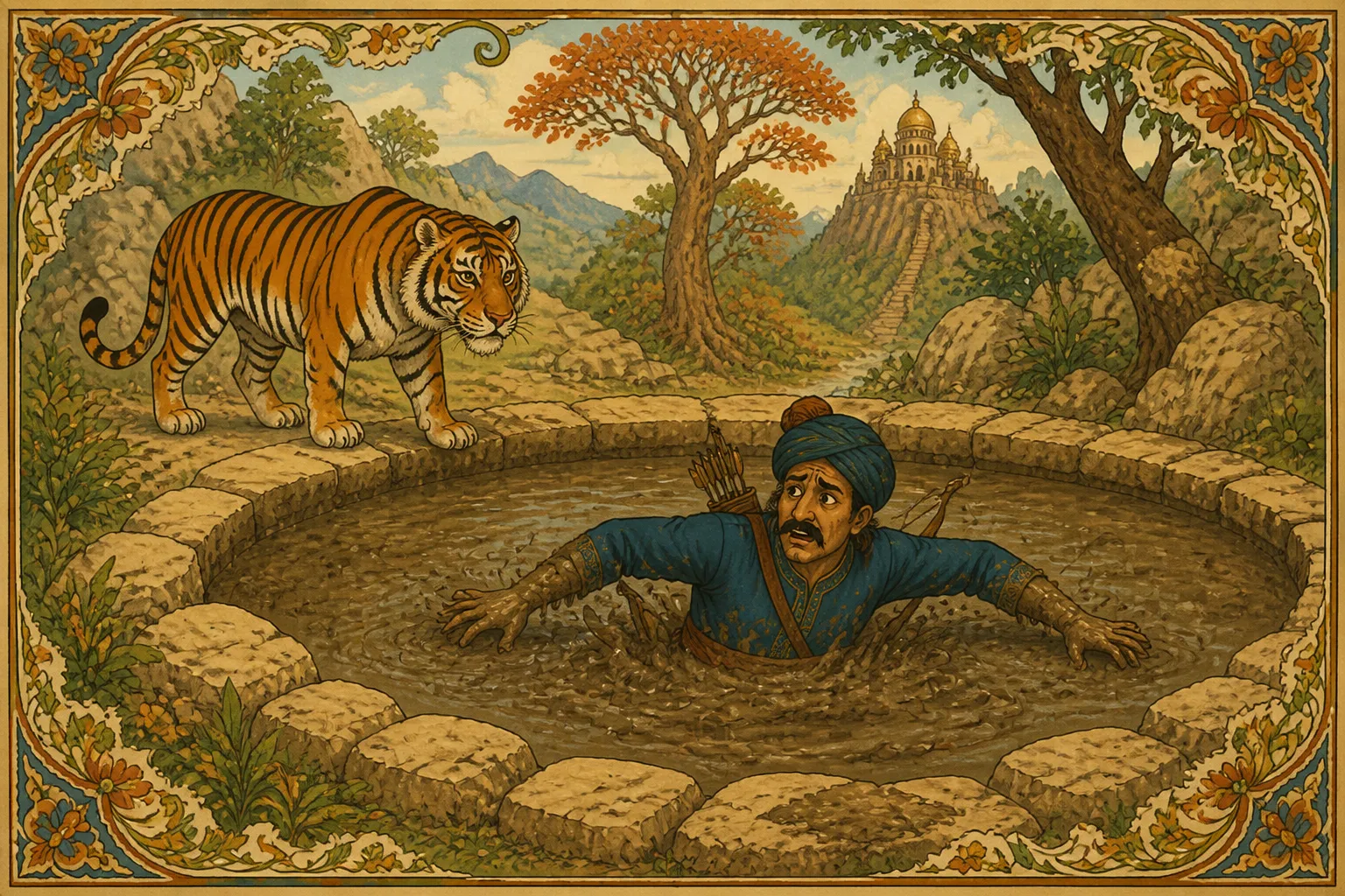 Illustration for "The Tiger and the Traveller": Thereupon the covetous Traveller determined to trust him, and waded into the pool, where he soon found himself plunged in mud, and...