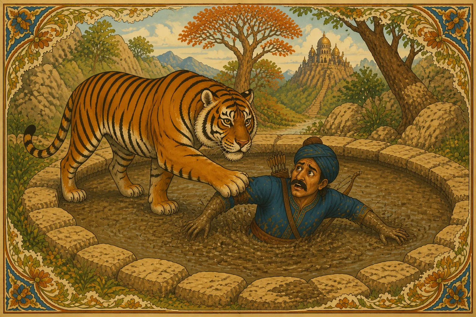 Illustration for "The Tiger and the Traveller": So saying he approached the wretched man and seized him—who meanwhile bitterly reflected—
