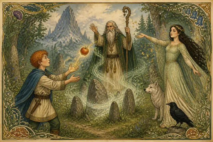 Illustration for "Connla and the Fairy Maiden": Coran the Druid stood forth and chanted his spells ... she threw an apple to Connla.