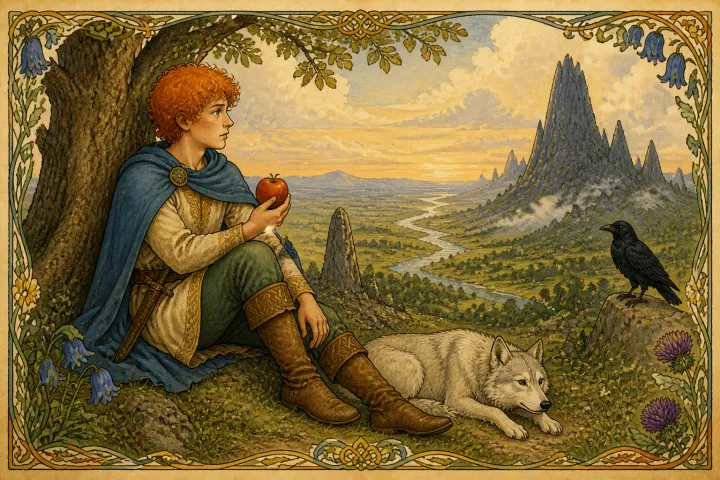 Illustration for "Connla and the Fairy Maiden": For a whole month from that day Connla would take nothing ... save only from that apple.