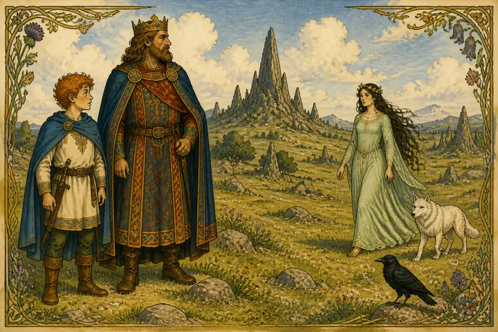 Illustration for "Connla and the Fairy Maiden": Connla stood by the side of the king his father on the Plain of Arcomin, and again he saw the maiden come towards him