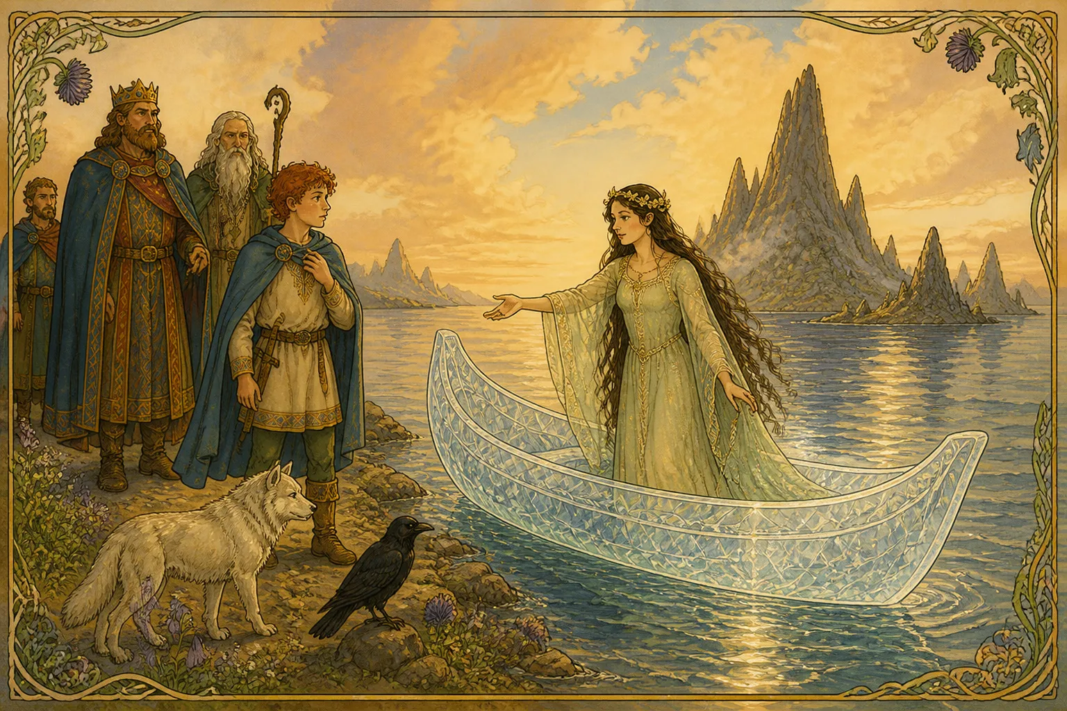 Illustration for "Connla and the Fairy Maiden": Come with me in my curragh, the gleaming, straight-gliding crystal canoe.
