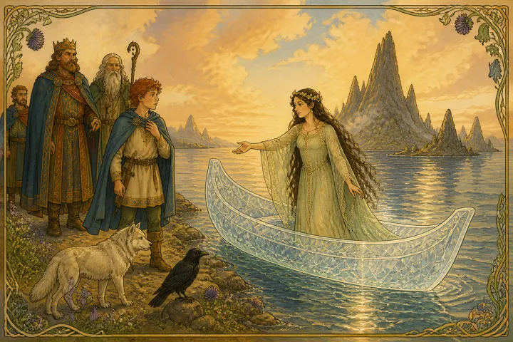 Illustration for "Connla and the Fairy Maiden": Come with me in my curragh, the gleaming, straight-gliding crystal canoe.