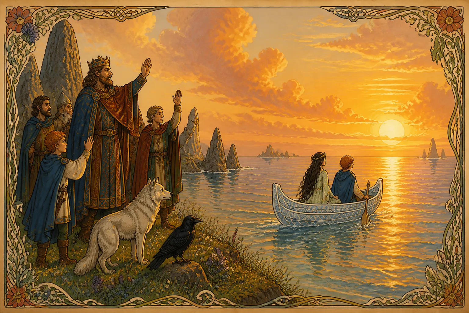Illustration for "Connla and the Fairy Maiden": they all, king and court, saw it glide away over the bright sea towards the setting sun