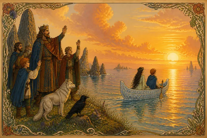 Illustration for "Connla and the Fairy Maiden": they all, king and court, saw it glide away over the bright sea towards the setting sun