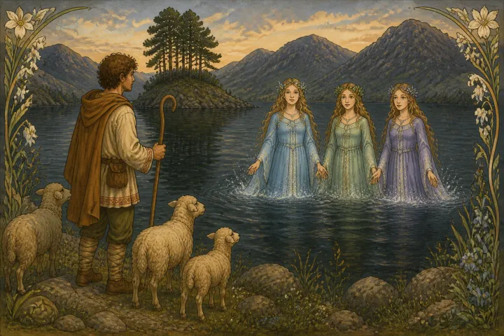 Illustration for "The Shepherd of Myddvai": from the dark waters of the lake, he saw three maidens rise