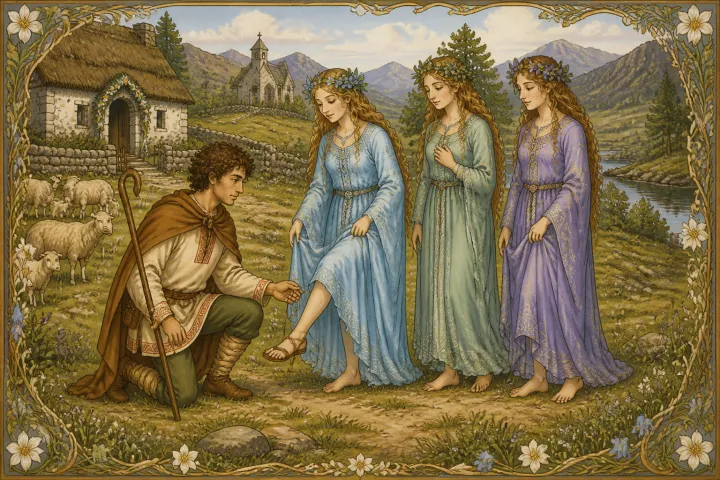 Illustration for "The Shepherd of Myddvai": the shepherd knew his love by the strap of her sandal