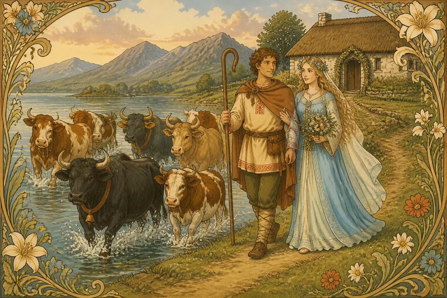 Illustration for "The Shepherd of Myddvai": summoning from the lake three cows, two oxen, and a bull, as her marriage portion