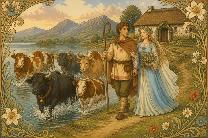 Illustration for "The Shepherd of Myddvai": summoning from the lake three cows, two oxen, and a bull, as her marriage portion