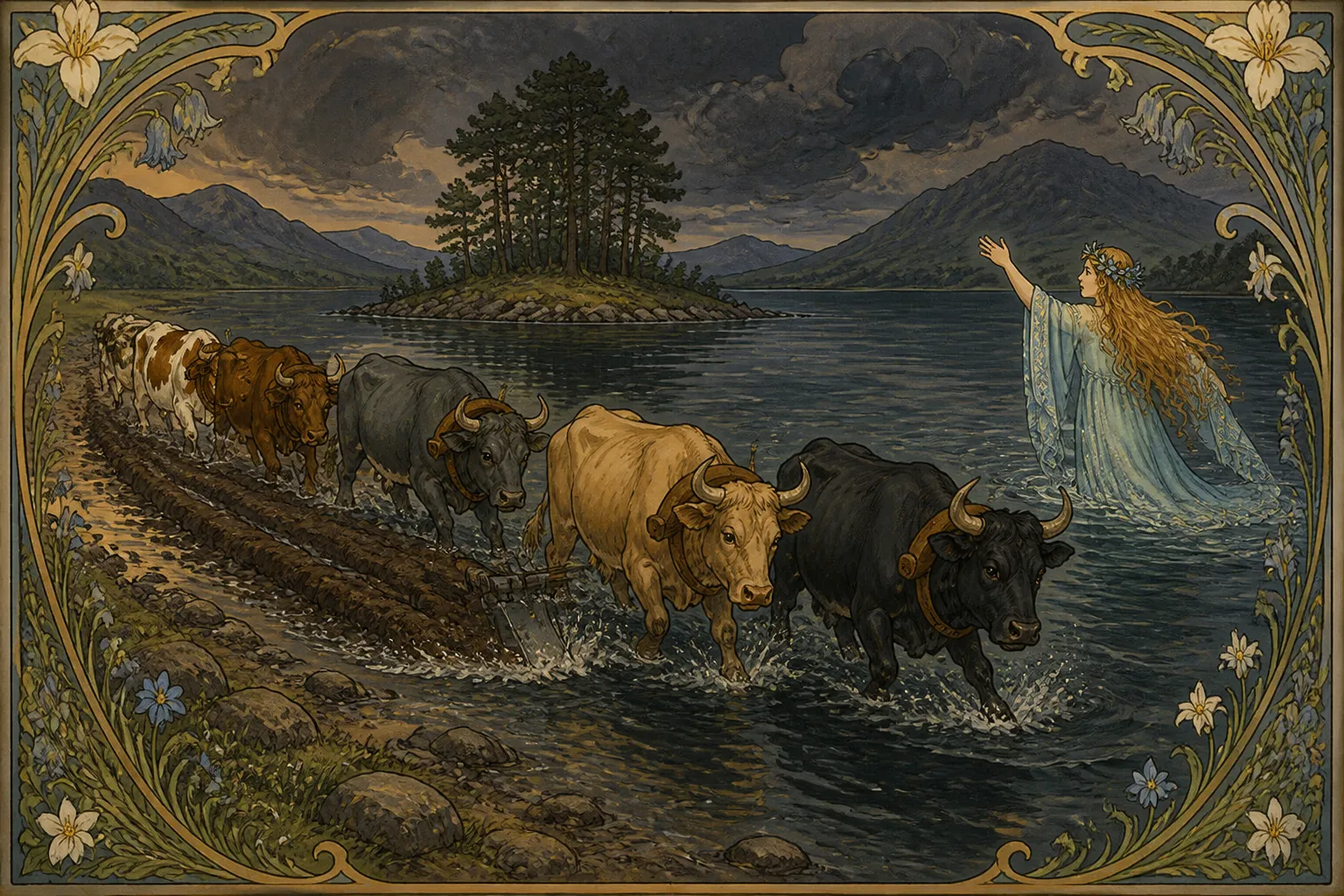 Illustration for "The Shepherd of Myddvai": she fled to the lake again, they following her, and with them plunged into the dark waters