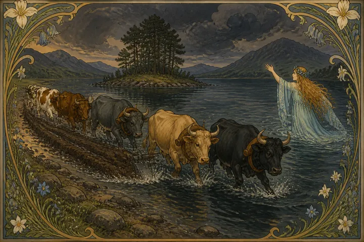 Illustration for "The Shepherd of Myddvai": she fled to the lake again, they following her, and with them plunged into the dark waters