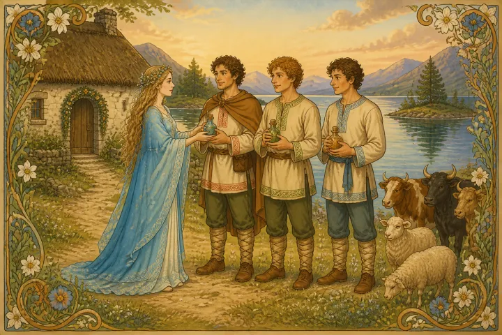 Illustration for "The Shepherd of Myddvai": when her sons were grown to manhood, and then she gave them gifts of healing