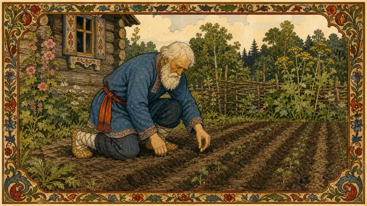 Иллюстрация к сказке «Репка»: Посадил дед репку и говорит: