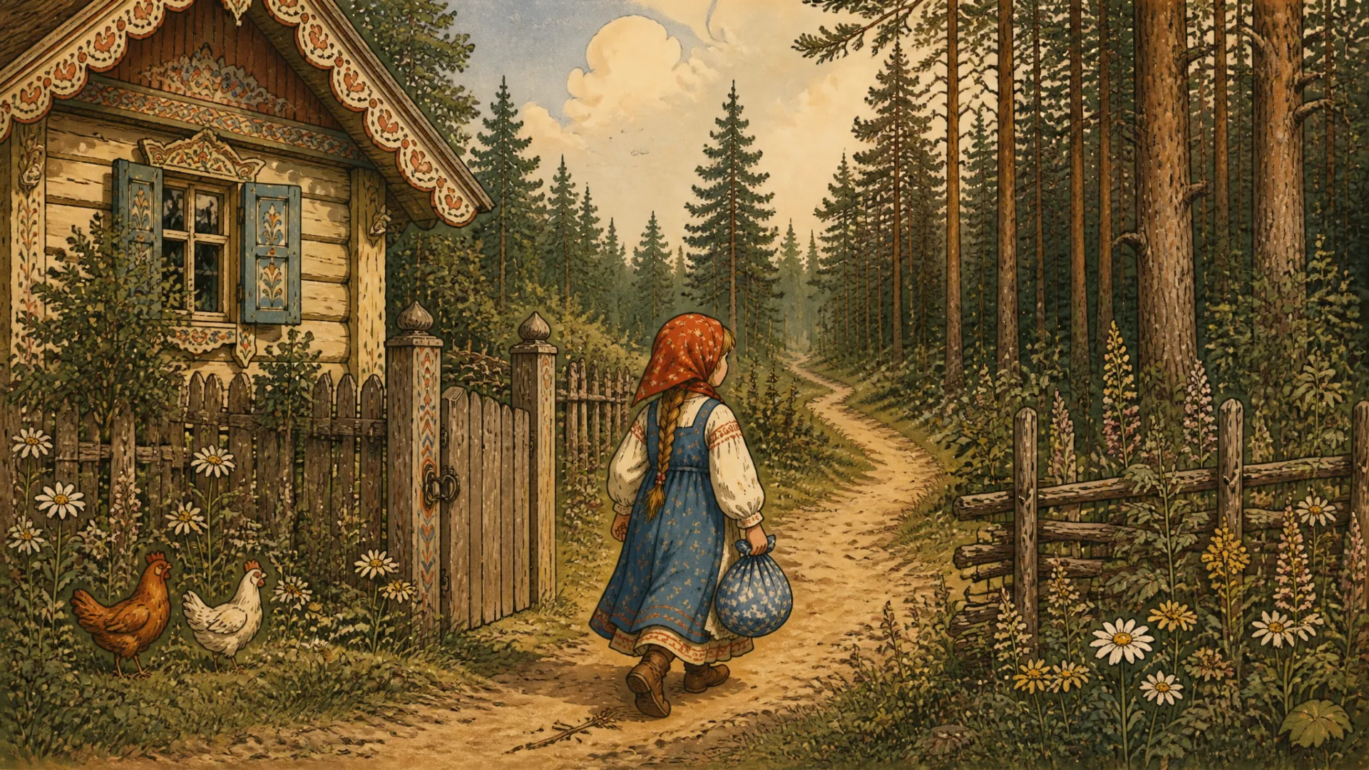 Illustration for "The Three Bears": 0.00-2.92s: Одна девочка ушла из дома в лес