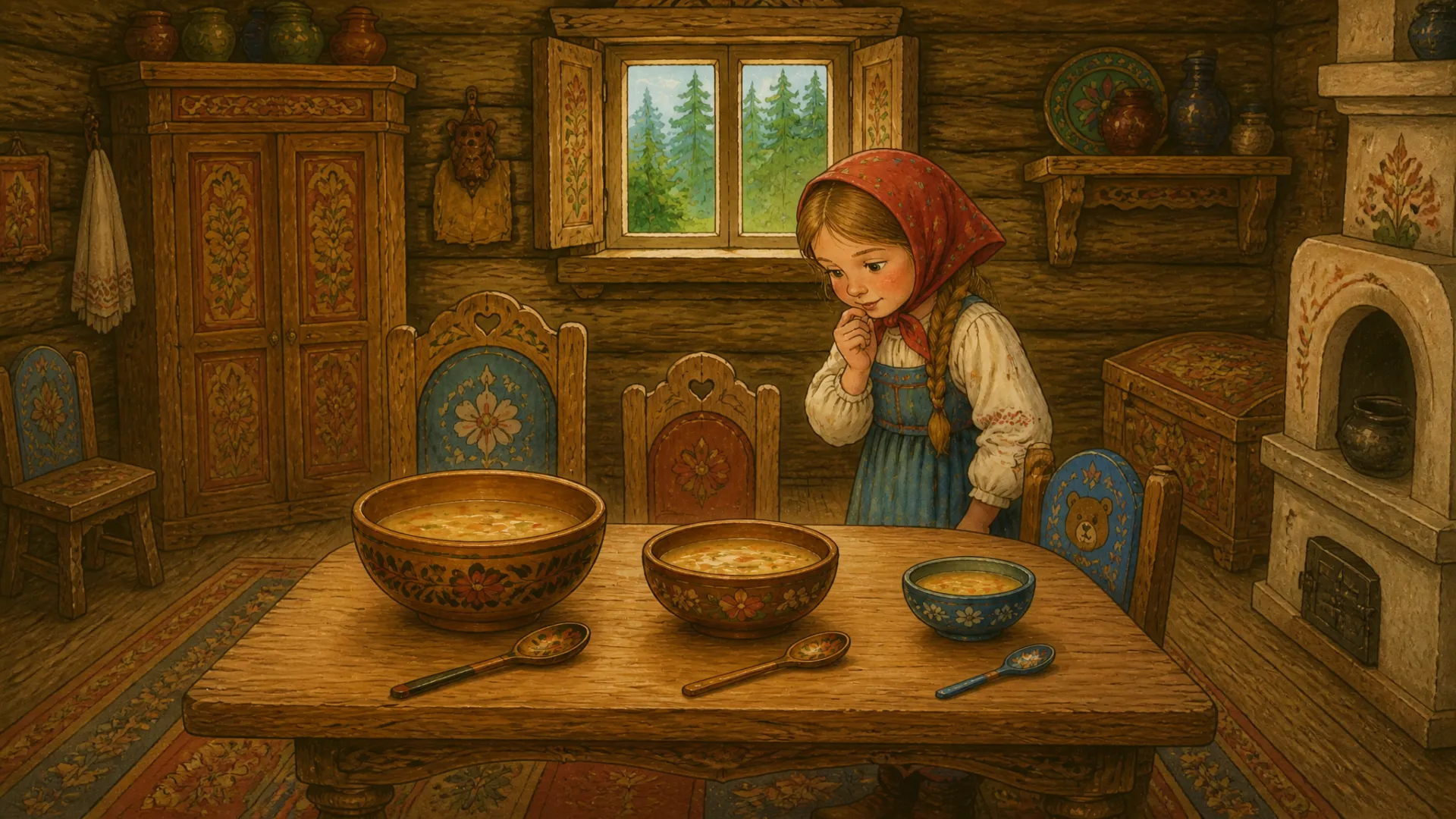 Illustration for "The Three Bears": 37.42-53.58s: На столе стояли три чашки с похлёбкой: большая, средняя и маленькая синенькая чашечка.