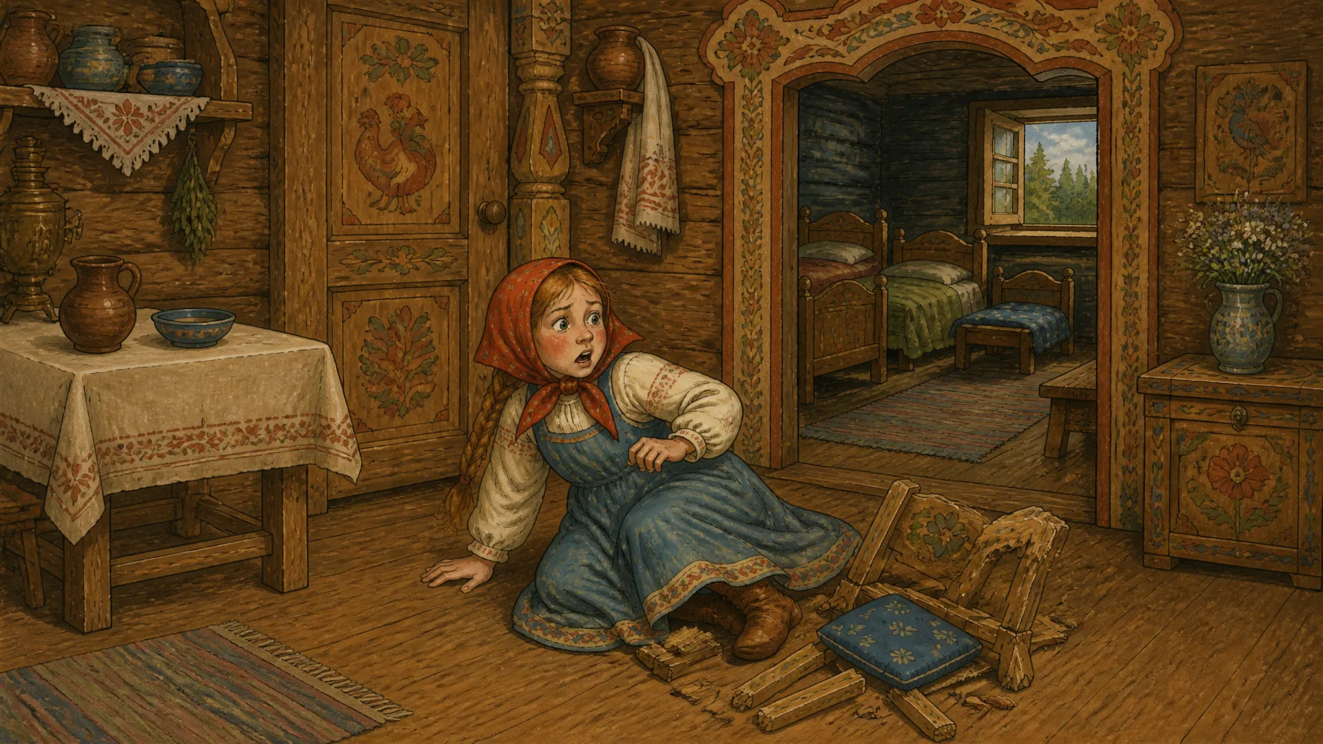 Illustration for "The Three Bears": 89.90-101.50s: Она засмеялась, стала качаться, и маленький стульчик проломился.
