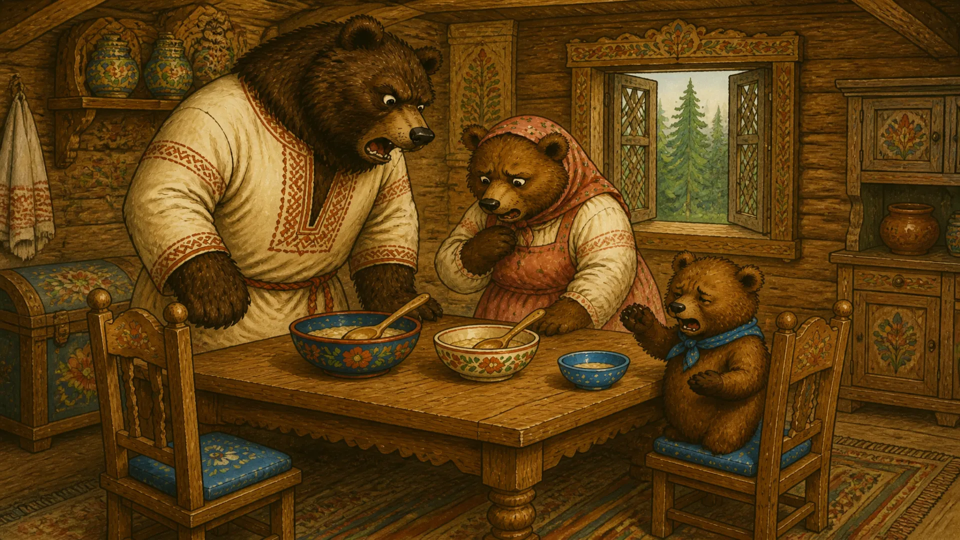 Illustration for "The Three Bears": 123.20-149.28s: Скоро медведи вернулись домой голодные... Кто хлебал в моей чашке и все выхлебал?