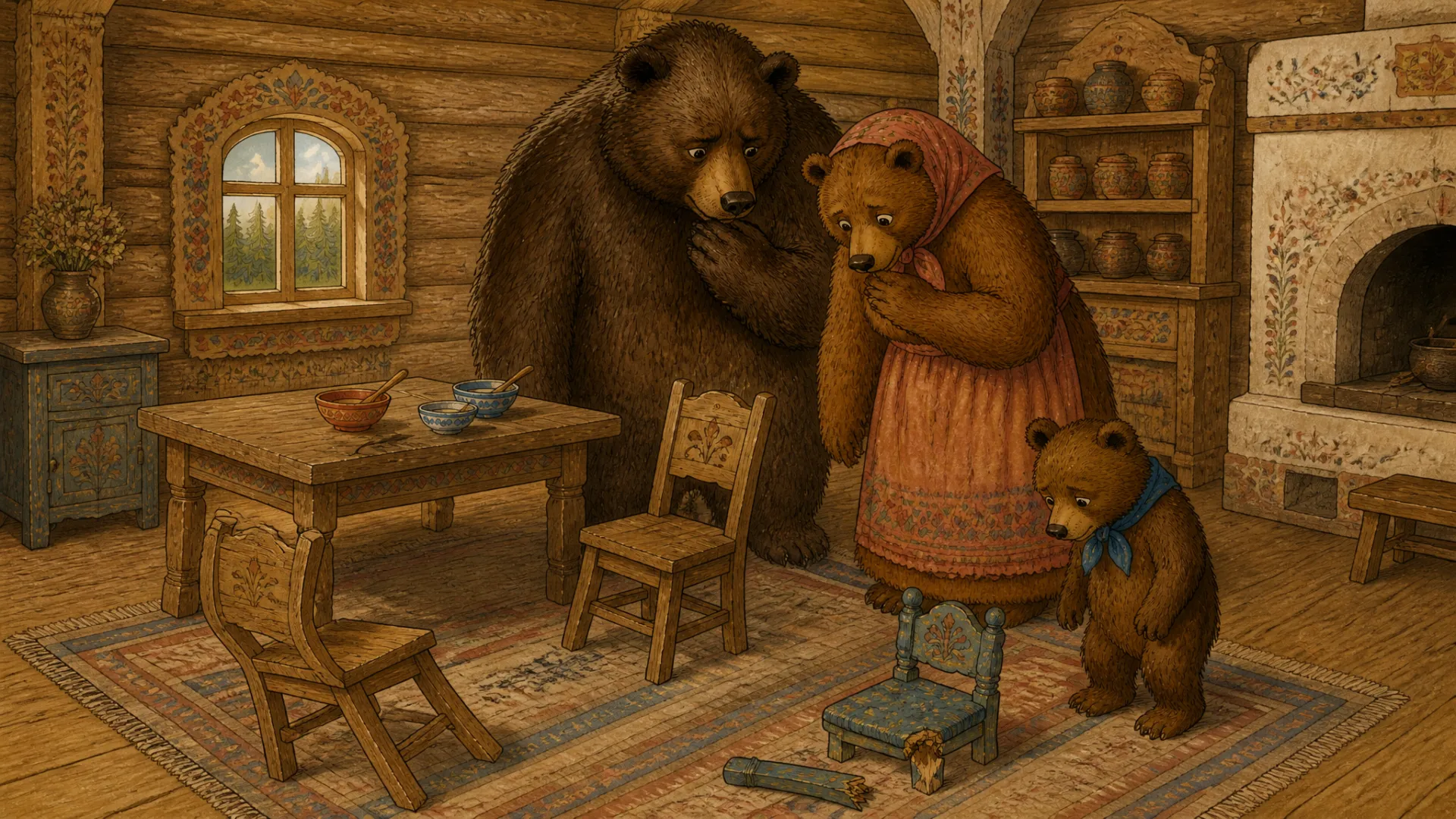 Illustration for "The Three Bears": 149.28-160.92s: Большой стул был сдвинут, средний тоже, а маленький Мишуткин стульчик был сломан.