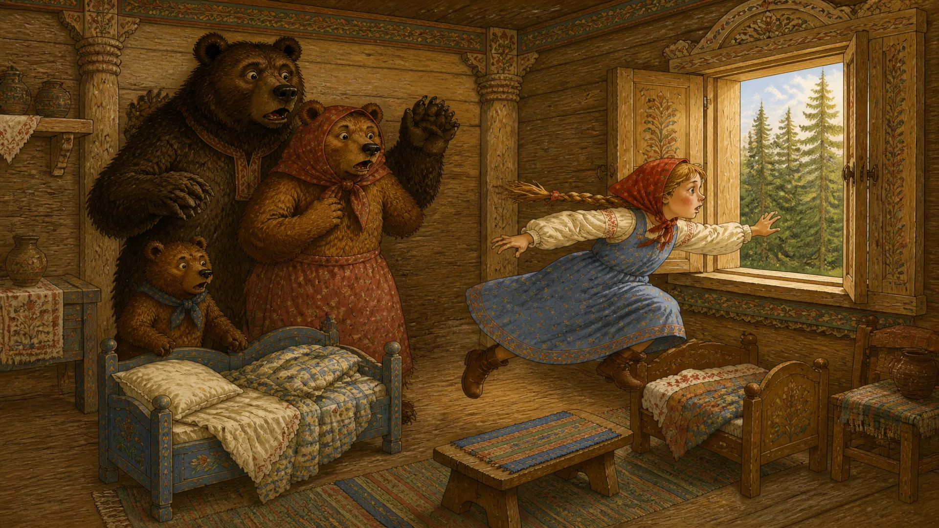 Illustration for "The Three Bears": 185.82-193.98s: Девочка проснулась, увидела медведей и бросилась к окну. Окно было открыто.