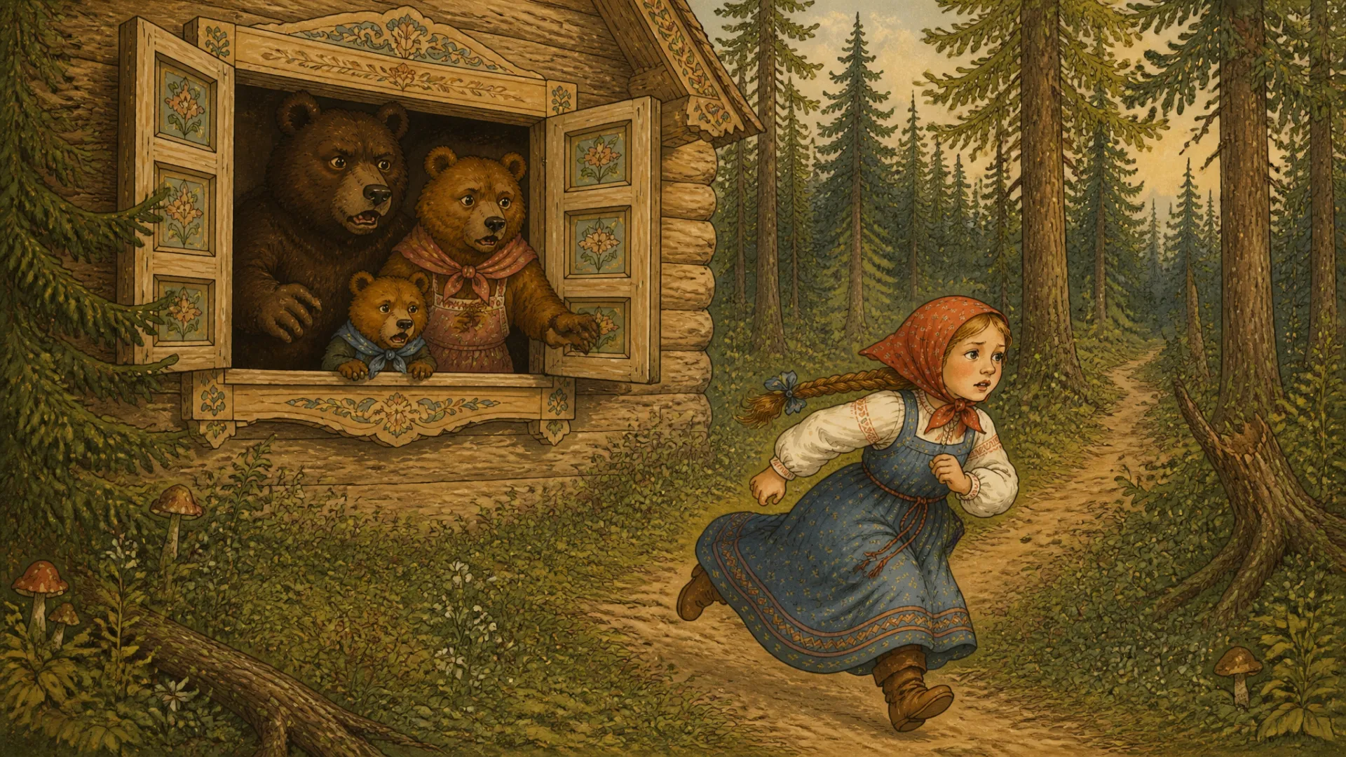 Illustration for "The Three Bears": 193.98-200.04s: Она выскочила наружу и убежала, а медведи ее не догнали.